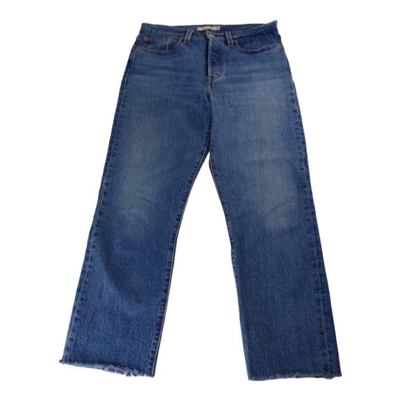 Levi's Premium SZ 28 Wedgie Straight Cropped Raw Hem Button Fly Blue Jeans #1368 - Picture 1 of 7